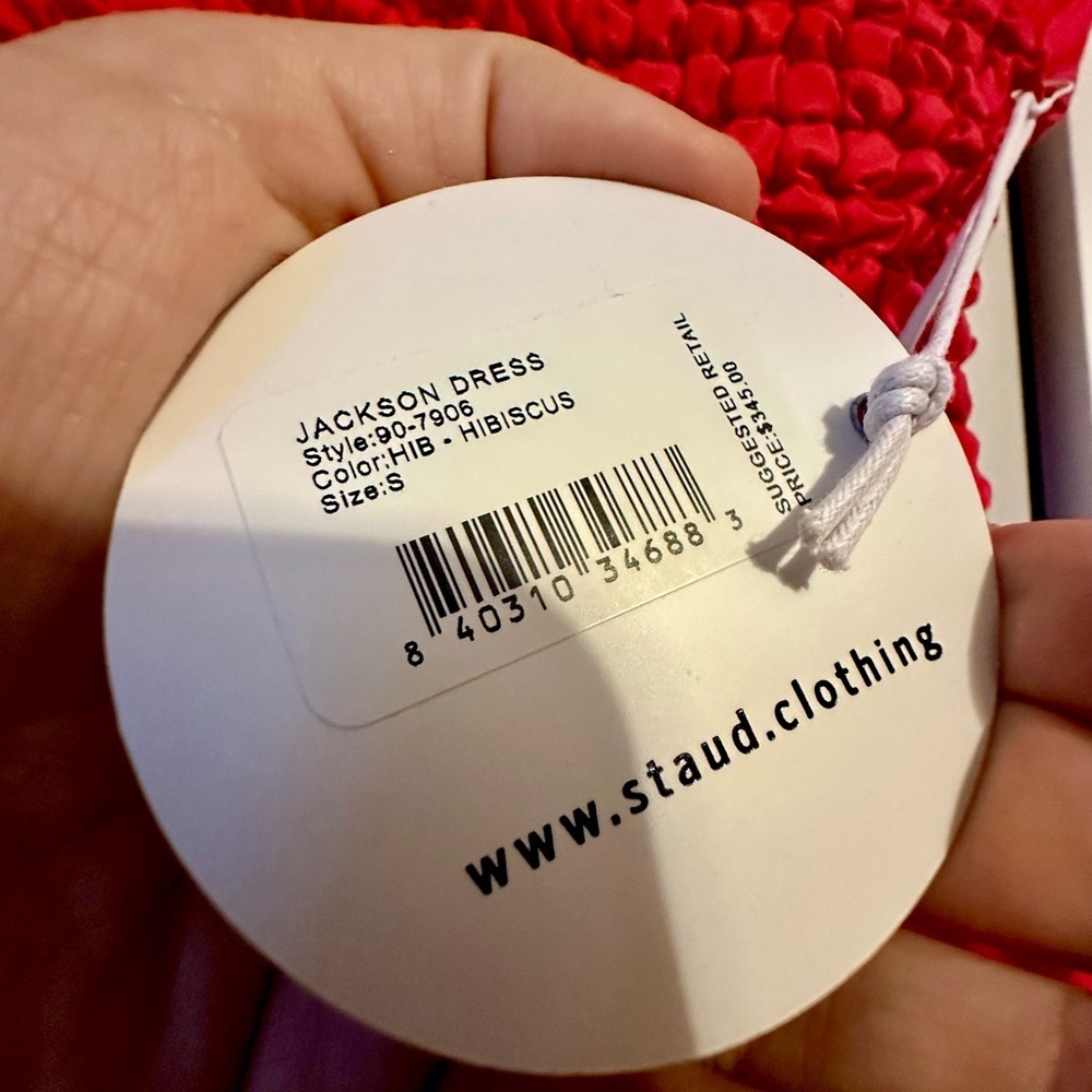 STAUD Jackson Smocked Midi Dress Hibiscus Red NWT S Rare Sold Out Never Tried On - Picture 5 of 10